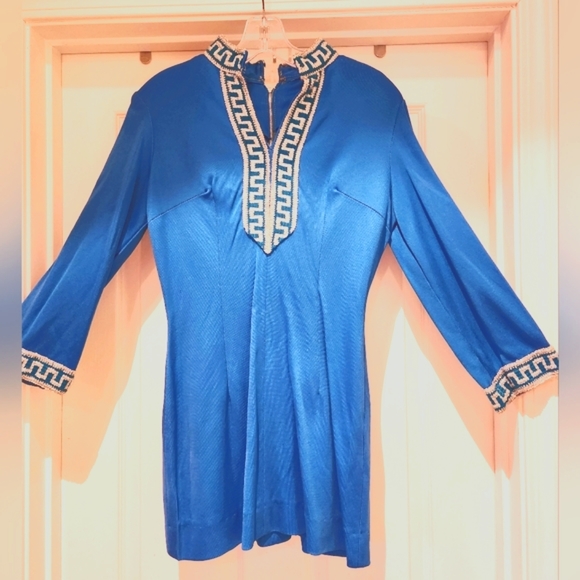 70s Twiggy MOD Zip Hi Neck Sparkly Greek Key Trim Star Trek Vin Mini Dress OO - Picture 5 of 16